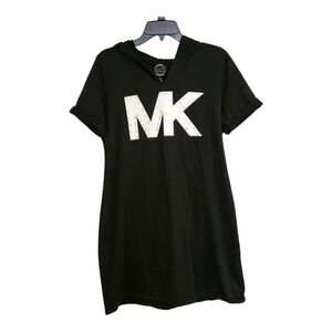 Michael Kors Womens Sz L Mini T Shirt  Dress Black White Logo Hooded Read